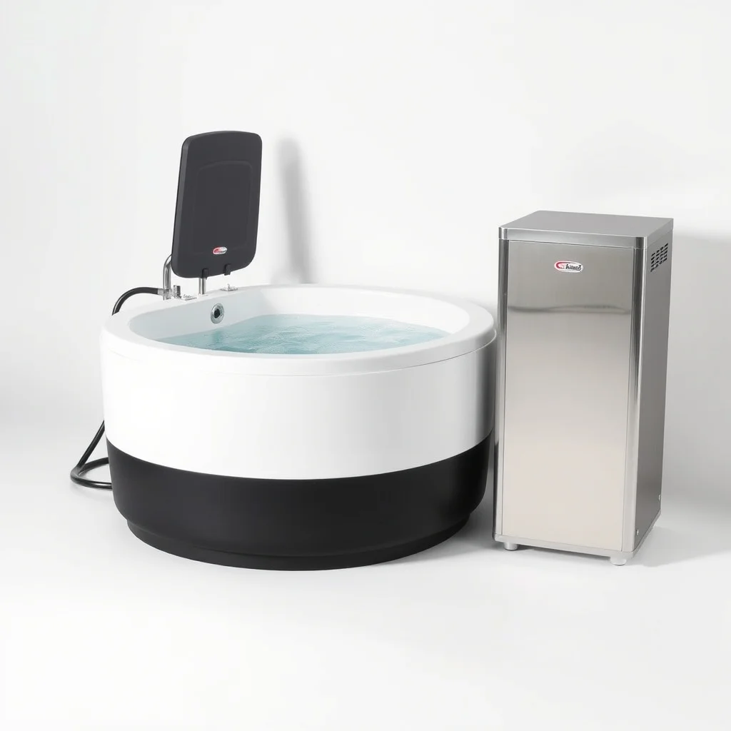 Rigid cold plunge tub with external chiller unit and clear water, outdoor setting, product photograph