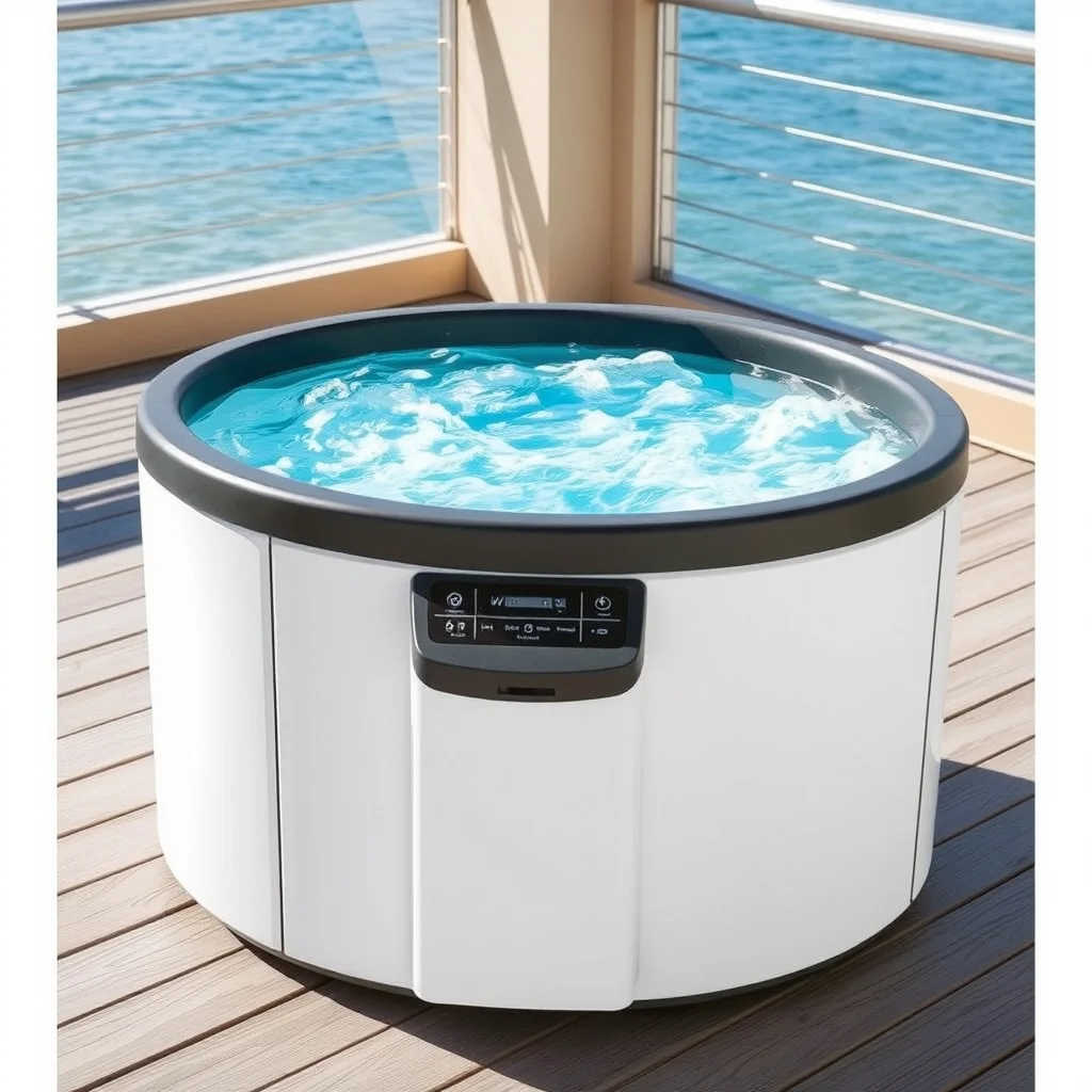 Cold plunge tub with water chiller unit outdoors, product photograph