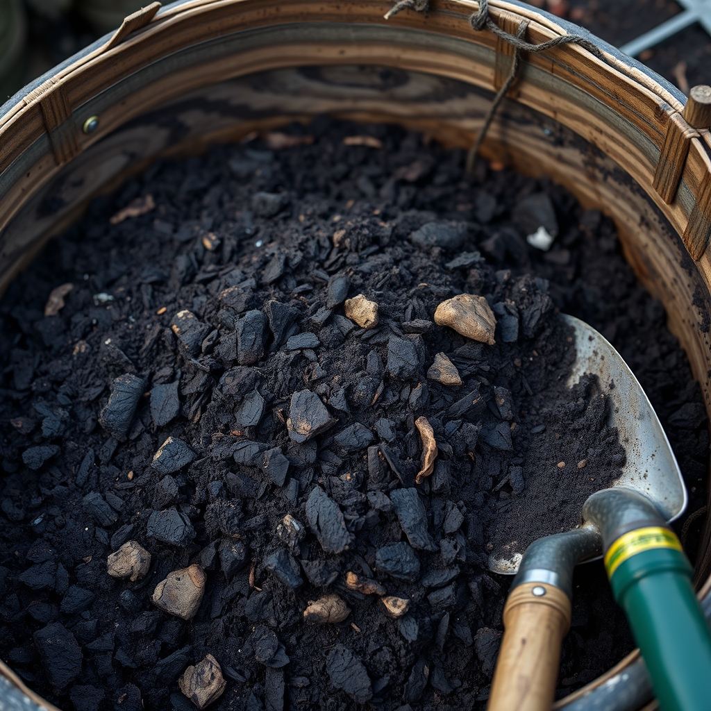Dual-chamber black compost tumbler on metal stand in garden setting, product photograph