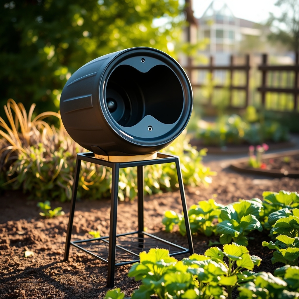 Black dual-chamber compost tumbler on legs outdoors, product photograph