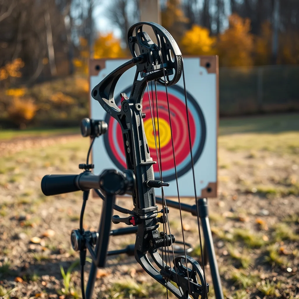 Compound bow with arrows and accessories laid out on wooden archery range bench, editorial product photograph