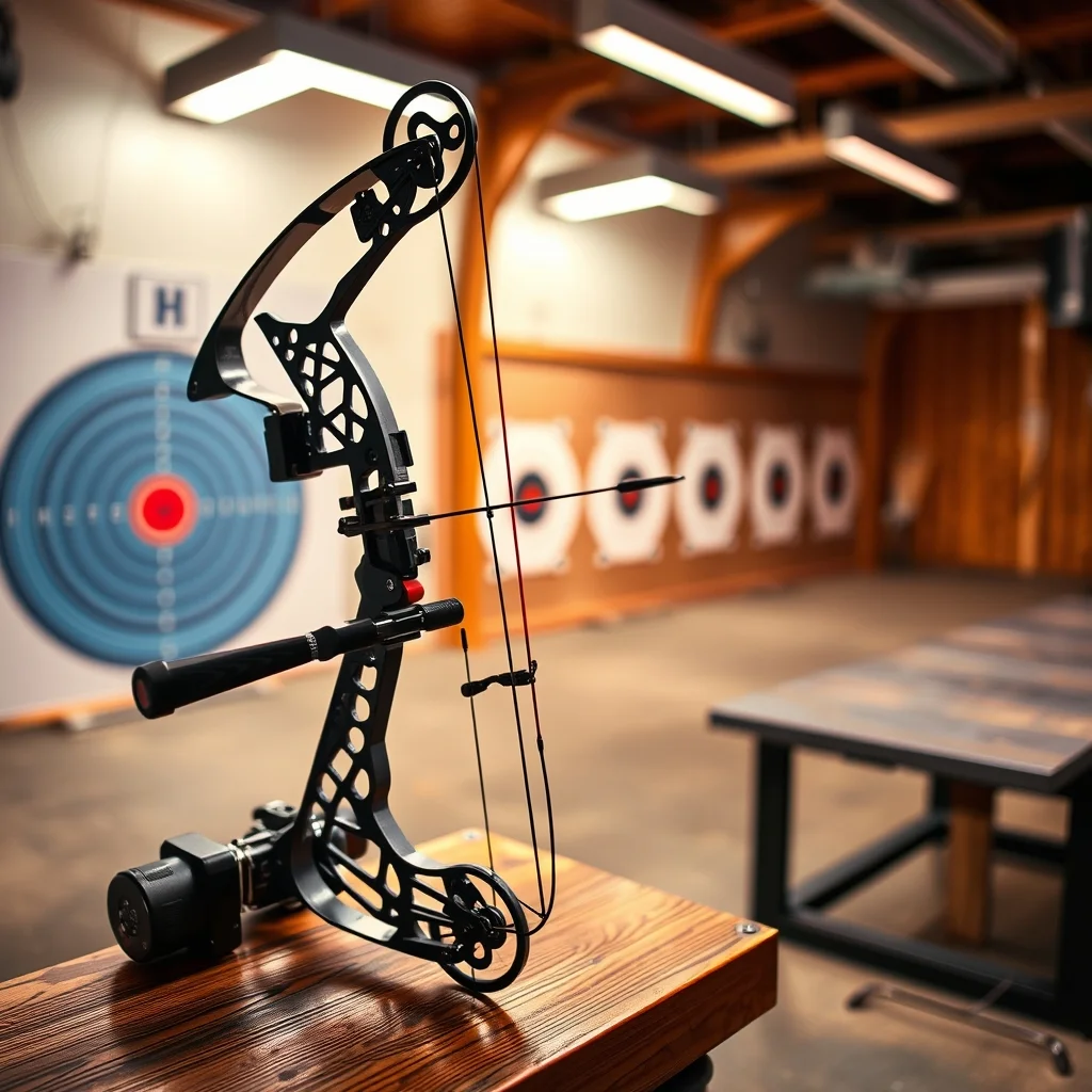 Compound bow leaning against tree in forest setting, editorial product photograph with warm directional light