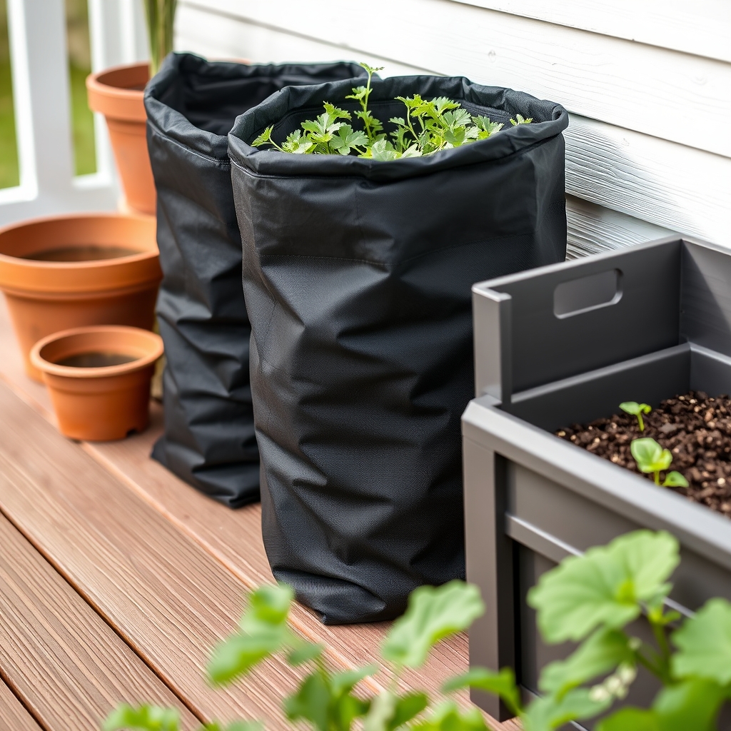 Fabric grow bags and ceramic planters on sunny patio with herbs and tomatoes, product photograph