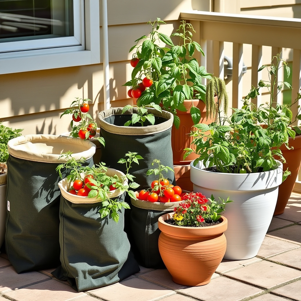 Assortment of fabric grow bags and terracotta planters on a sunny patio, product photograph