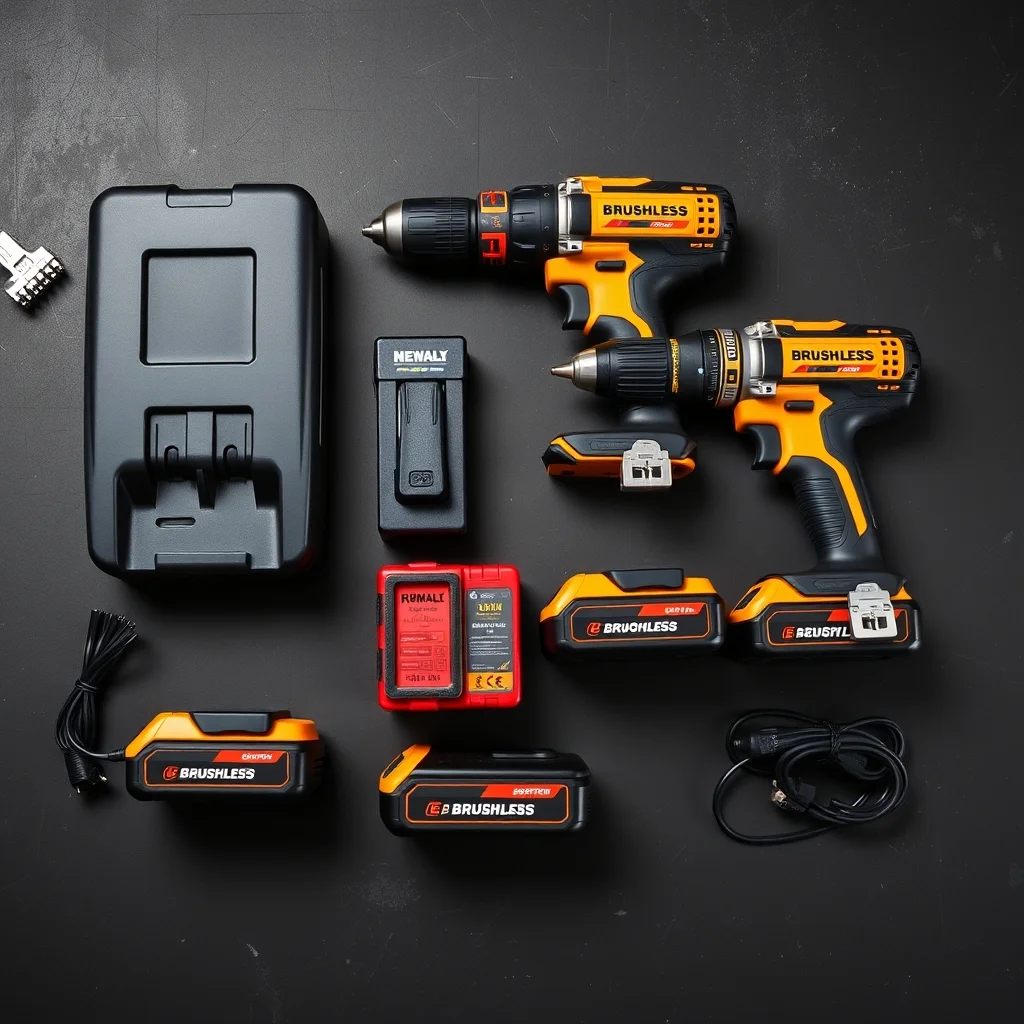 Brushless cordless drill set with batteries and charger on workbench, product photograph