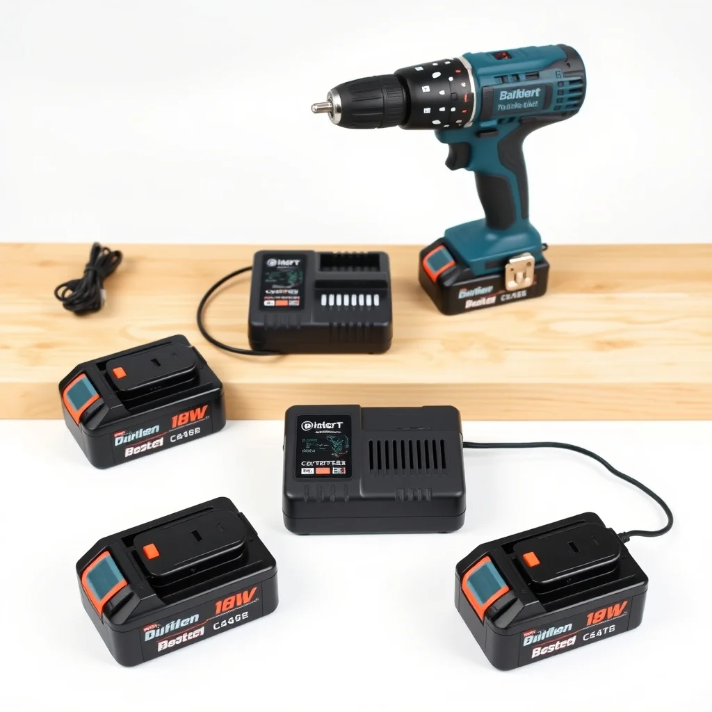 18V brushless cordless drill with battery pack on workshop bench, product photograph