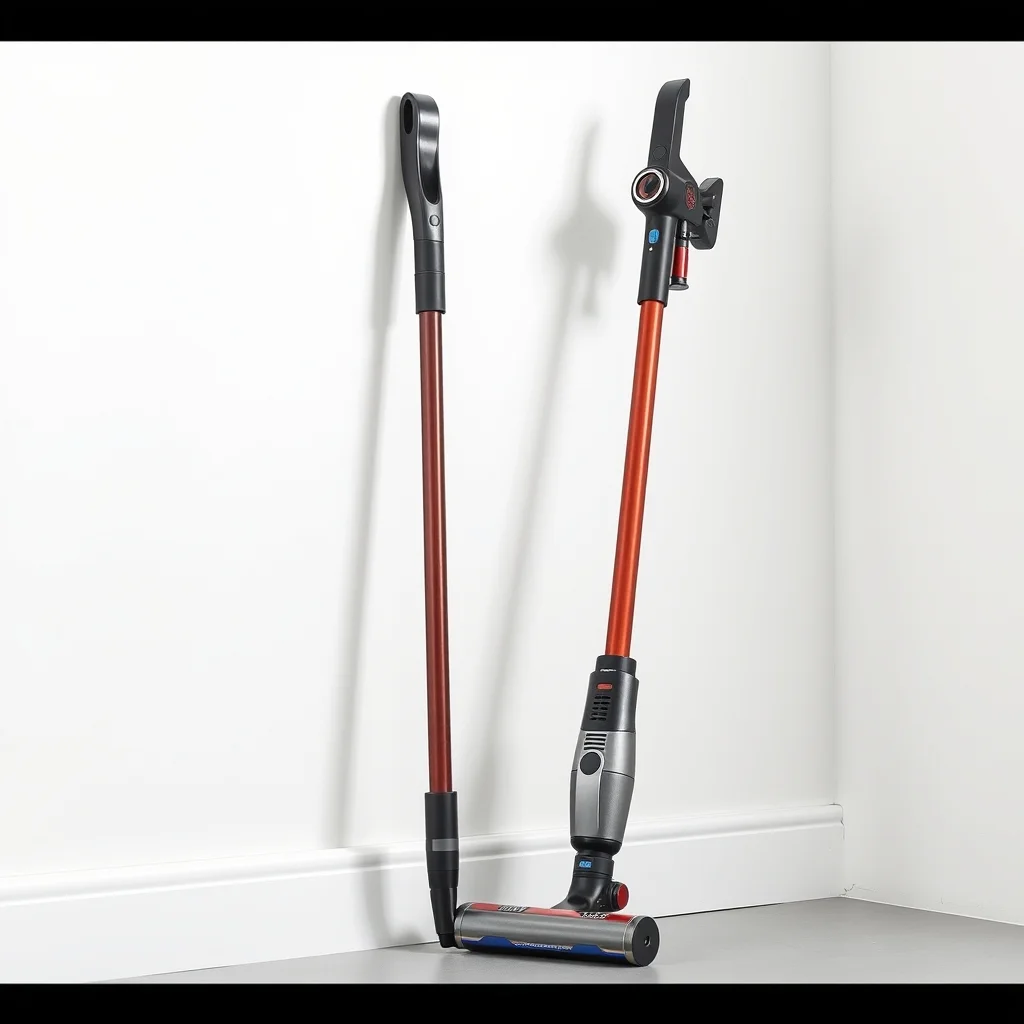 Cordless stick vacuum leaning against wall with detachable handheld, product photography