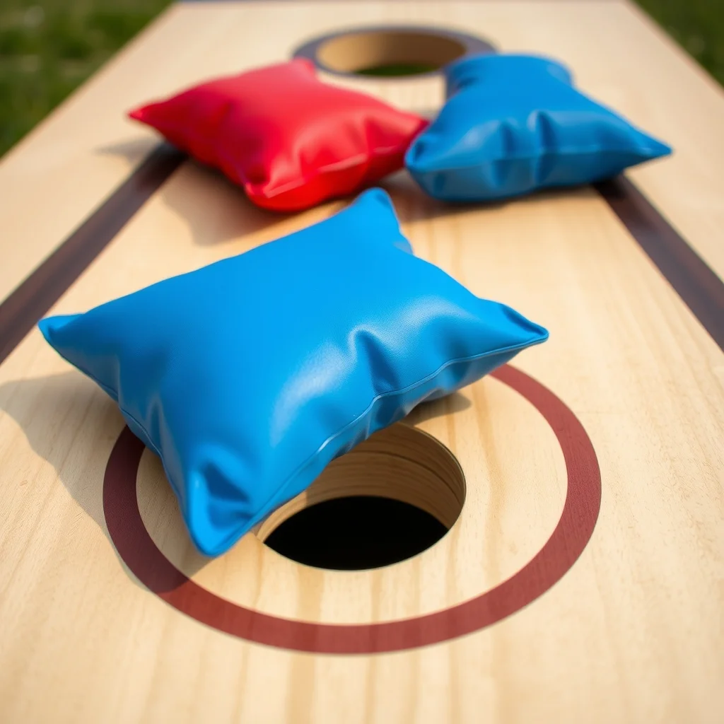 Cornhole boards with regulation hole and colorful bean bags on grass, close-up product photograph