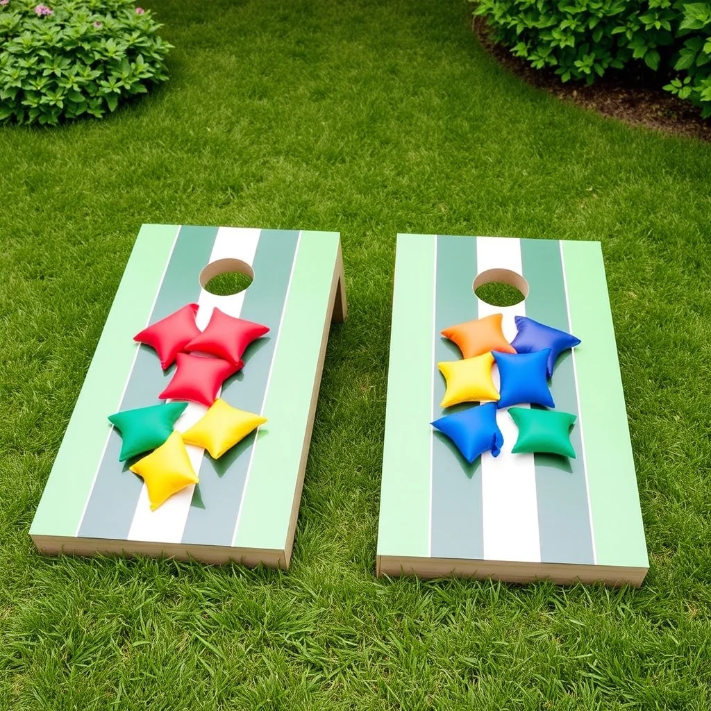 Regulation cornhole boards with bean bags on a backyard lawn, product photography