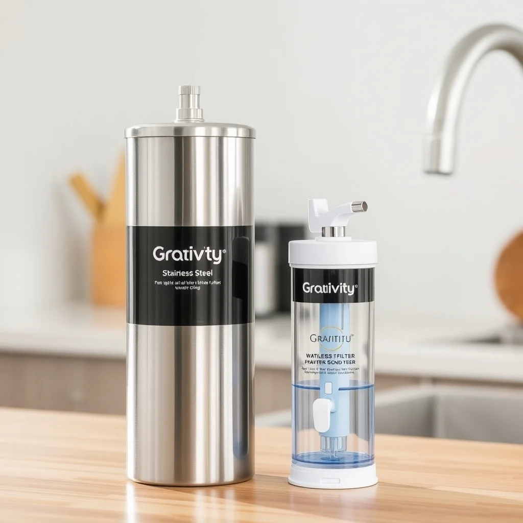 Gravity water filter and faucet-mount water filter on a kitchen counter, clean product photograph