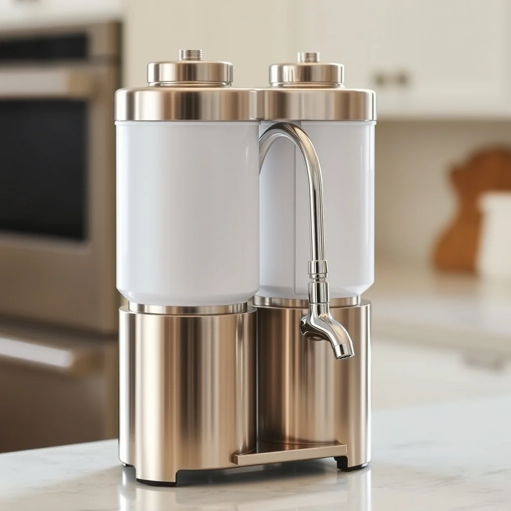 Stainless steel gravity countertop water filter on a kitchen counter, clean product photograph