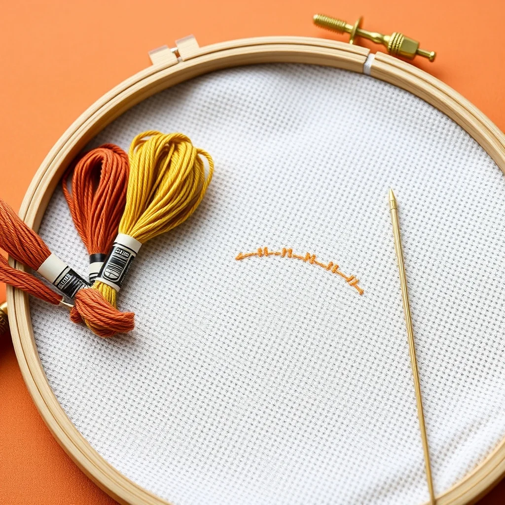 Cross stitch supplies product photograph showing Aida cloth in a wooden embroidery hoop, DMC floss skeins sorted by color, and tapestry needles