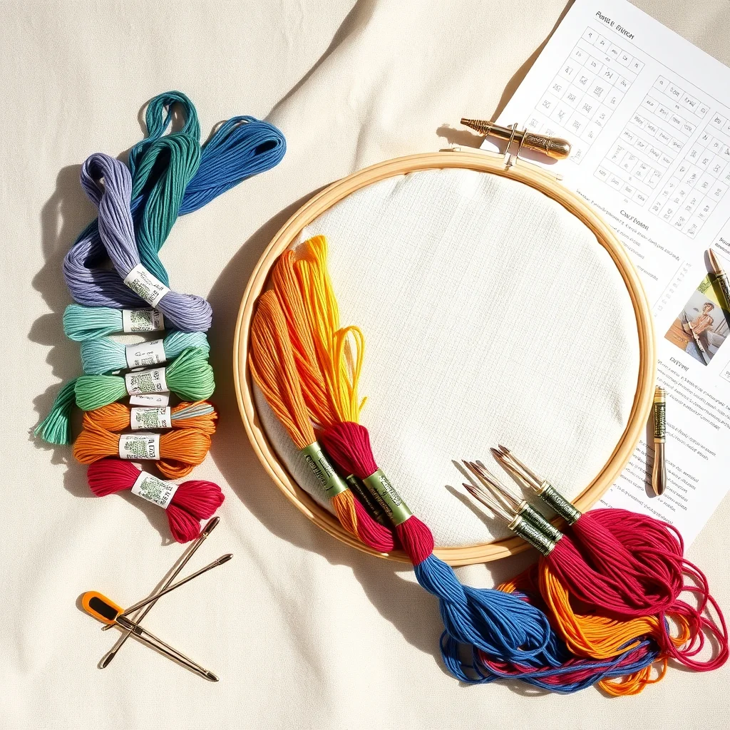 Cross stitch supplies flat lay showing Aida cloth, DMC floss skeins, embroidery hoop, and tapestry needles on a linen surface