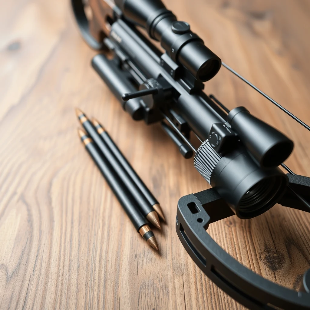 Compound crossbow with illuminated scope mounted on a wooden rest, product photography on natural background