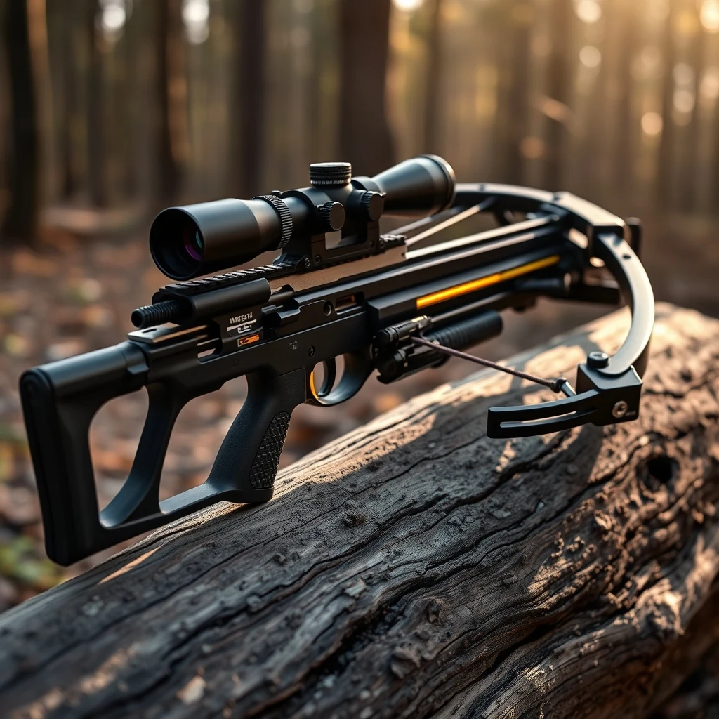 Compound crossbow with mounted scope resting on a log in a forest setting, product photography