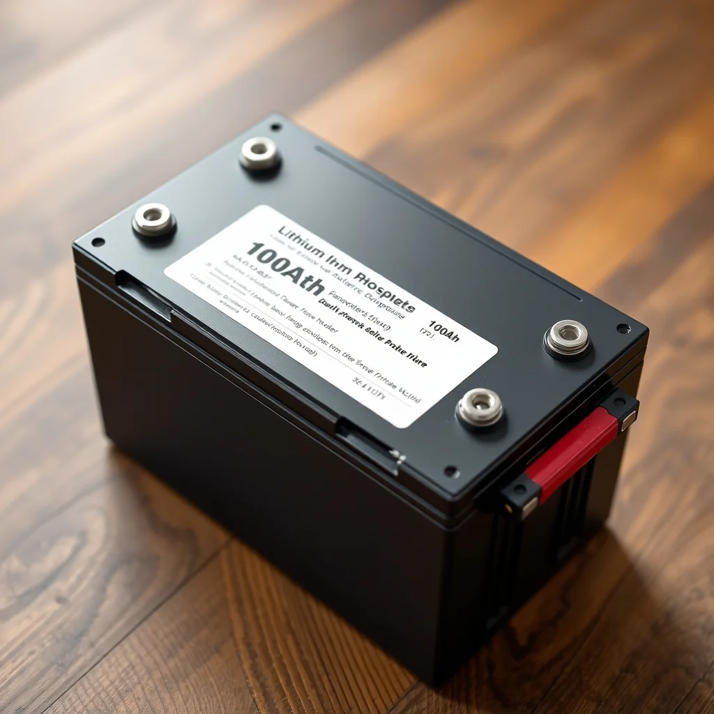 100Ah LiFePO4 battery pack with BMS ports and terminal covers on a wooden surface, product photography