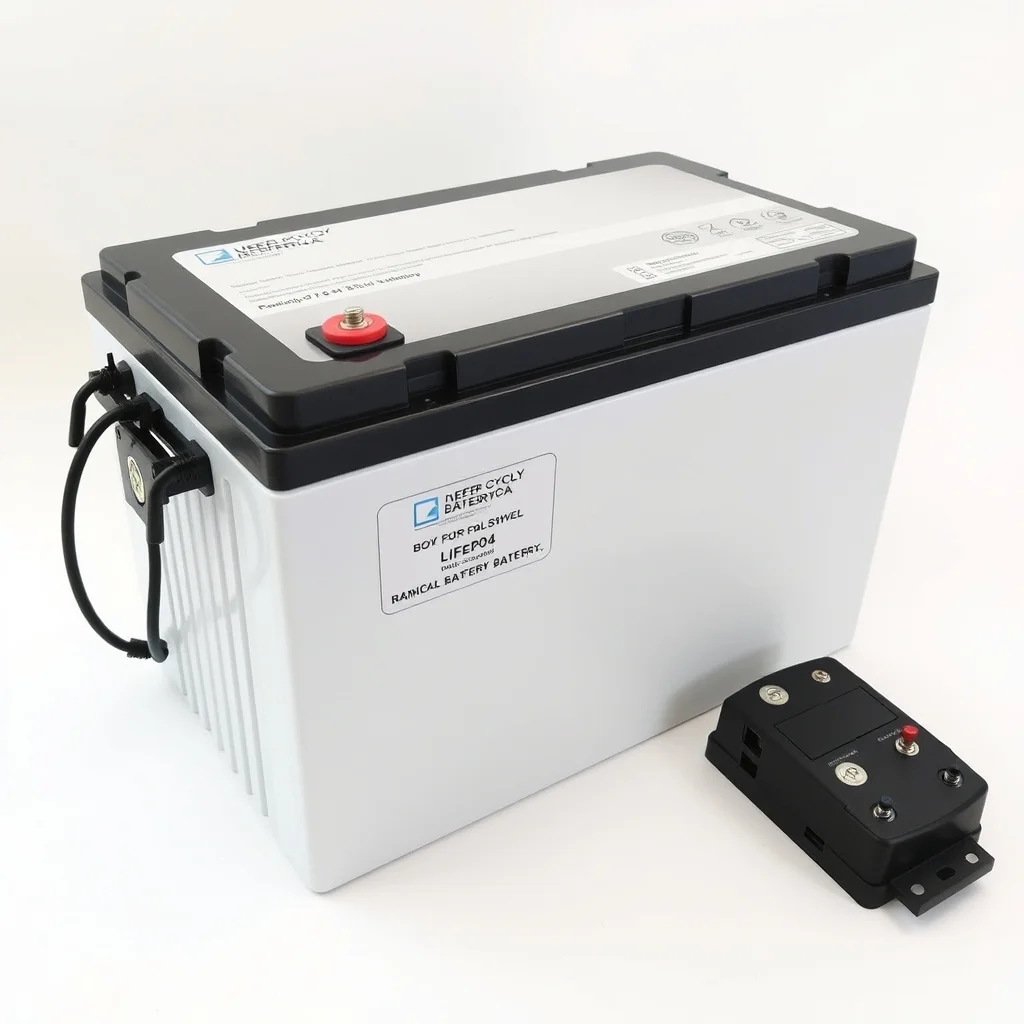LiFePO4 deep-cycle battery with terminals and BMS indicator, product photography on white background