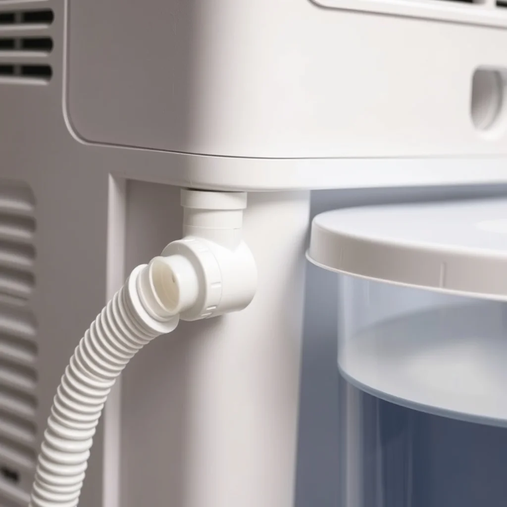 Portable dehumidifier with full water collection tank and continuous drain hose connected