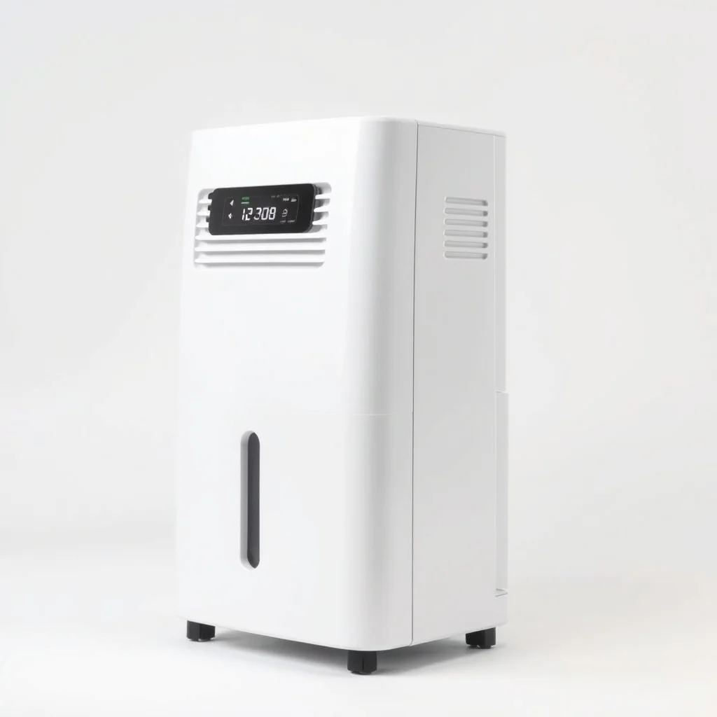 Freestanding dehumidifier with water collection tank on a basement floor