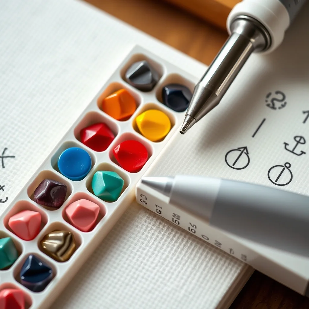 Close-up product photograph of diamond painting drills in sorting tray alongside applicator pen and canvas corner showing adhesive layer