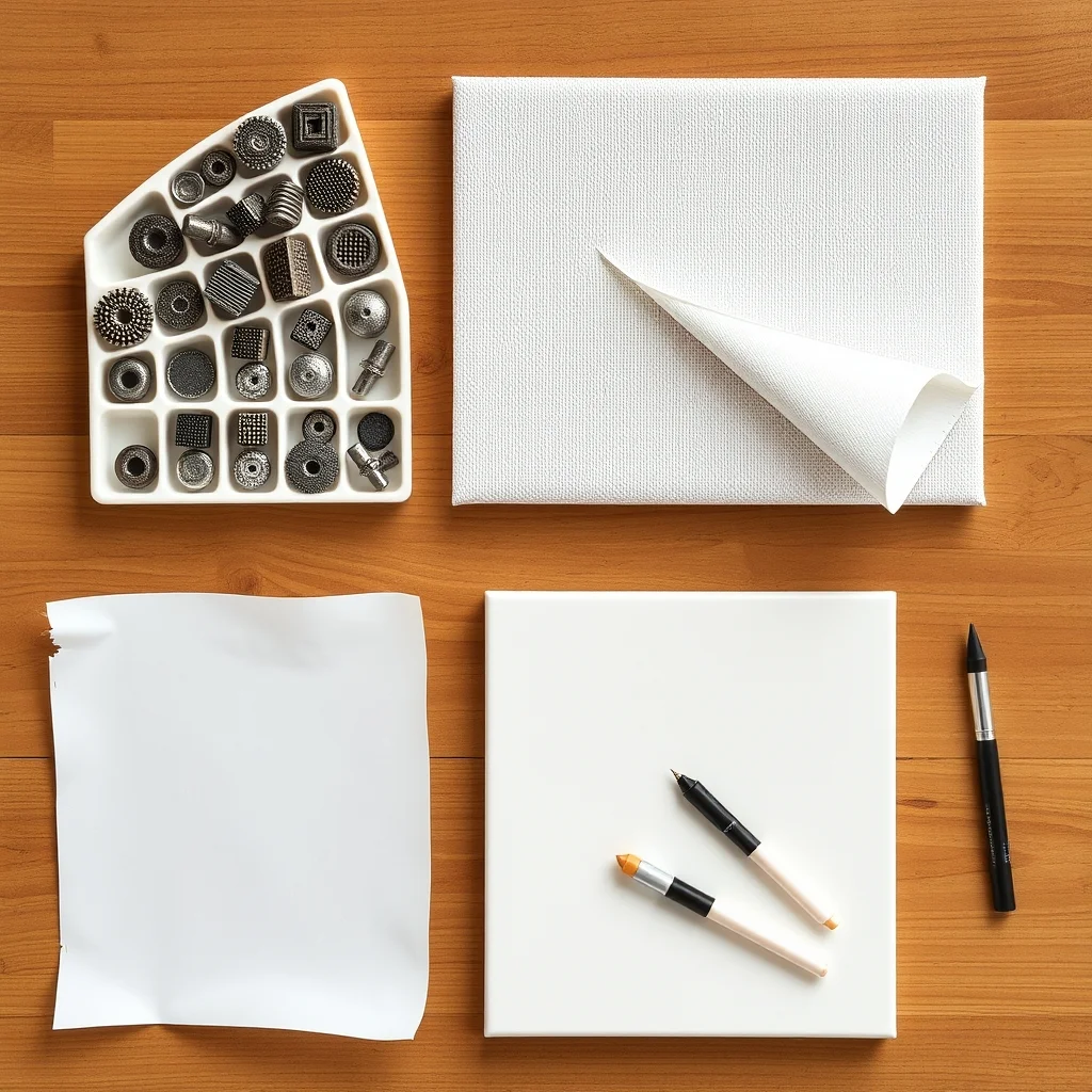 Diamond painting kit flat lay showing round and square drills, canvas, and applicator tools on a wooden surface