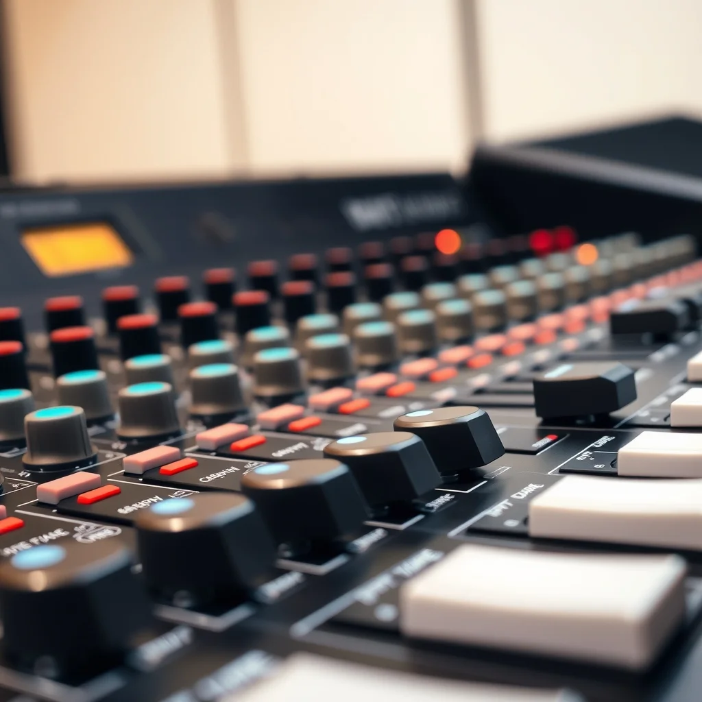 DJ mixer and controller setup with jog wheels and faders close-up