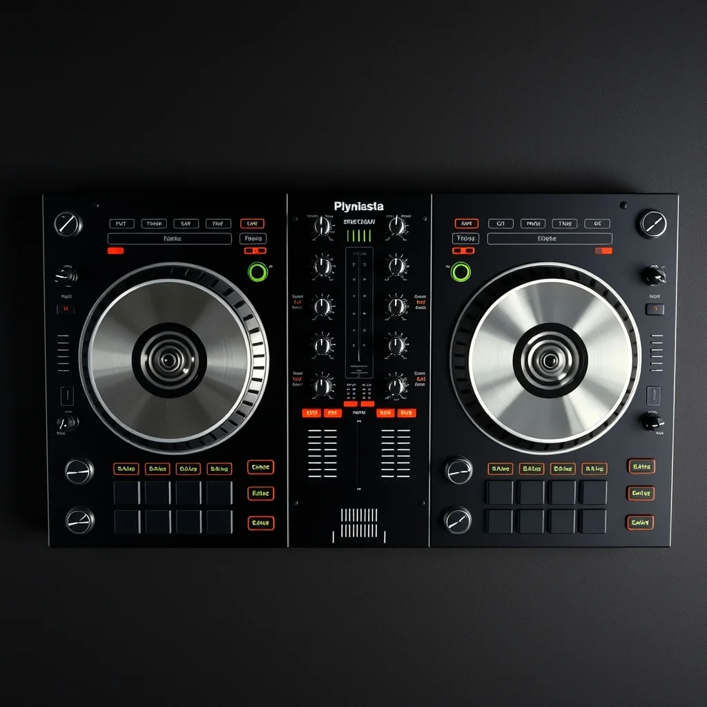 DJ controller with jog wheels and mixer channels close-up product photograph