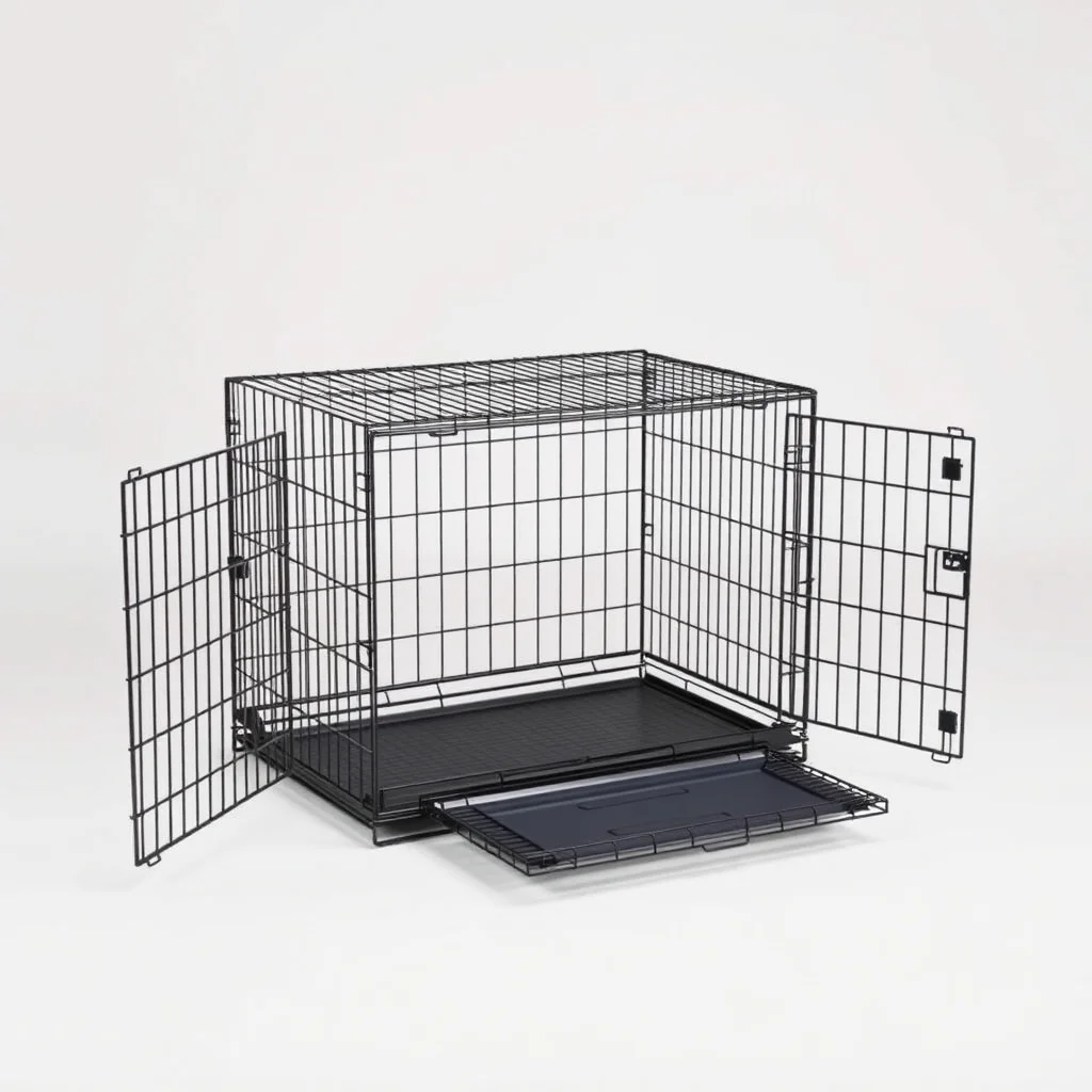 Open wire dog crate with removable tray, divider panel leaning against side, clean product photograph