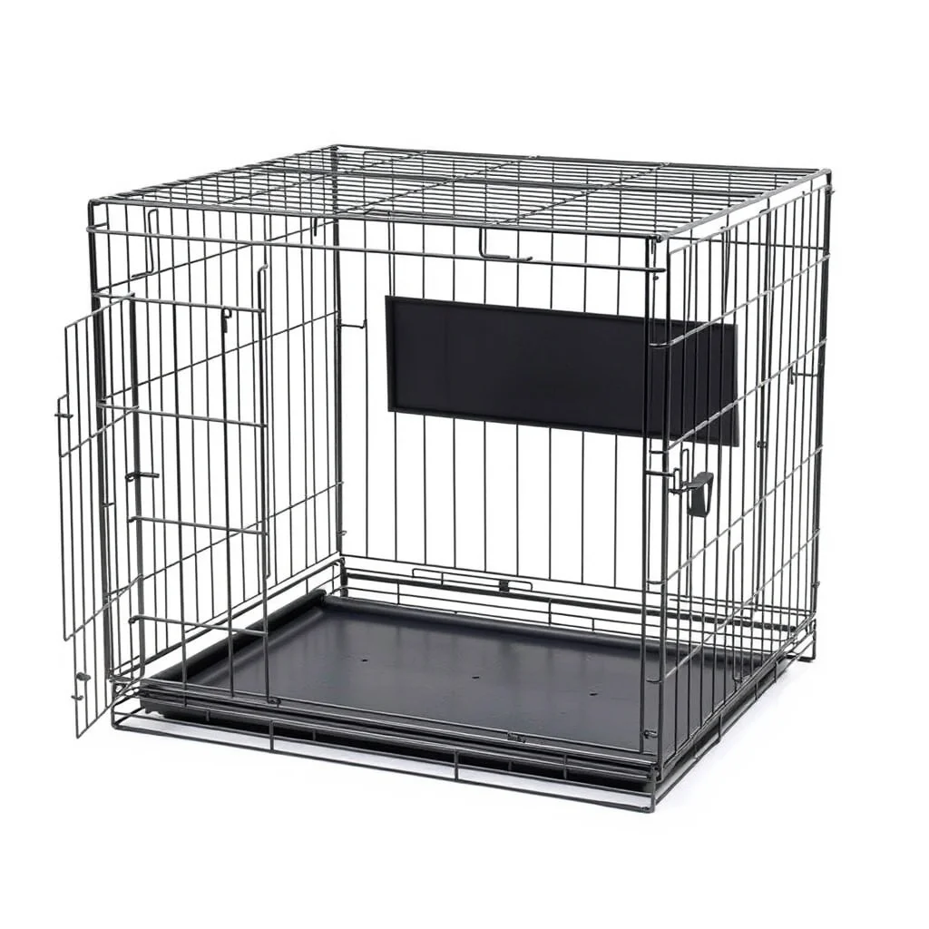 Heavy-duty steel dog crate with dog bed inside, clean product photograph on neutral background