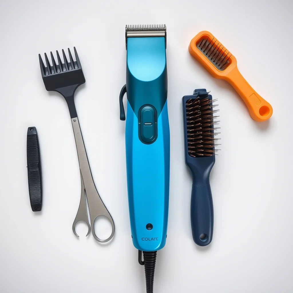 Professional dog grooming clipper with interchangeable blade next to slicker brush and deshedding tool on grooming table, product photograph