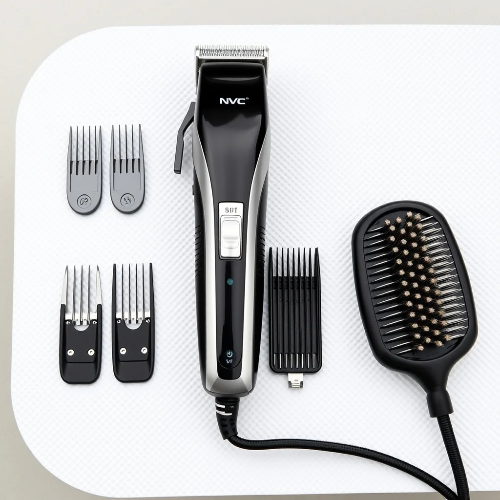 Professional dog grooming clipper set with blade attachments arranged on a white grooming table, product photograph