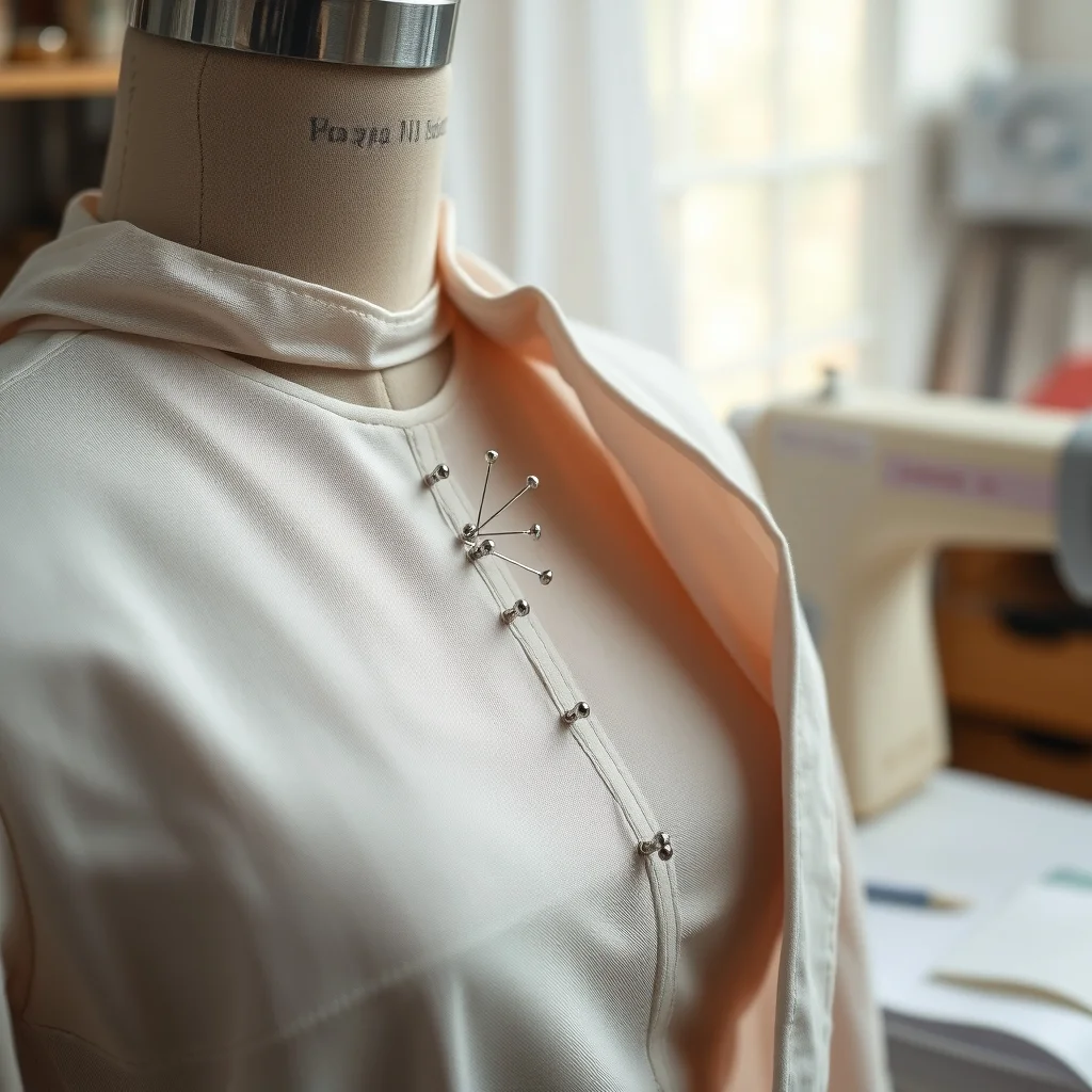 Professional pinnable dress form with garment draped, close-up product photograph