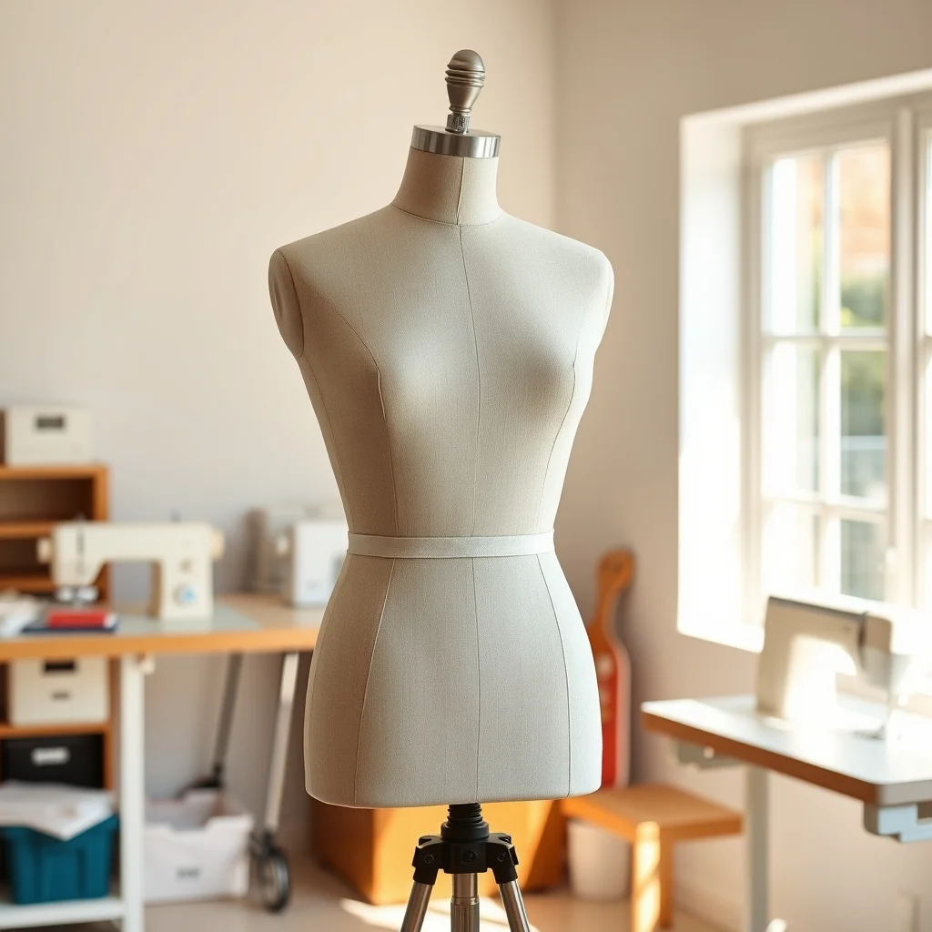 Professional dress form mannequin on adjustable stand in sewing room, close-up product photograph