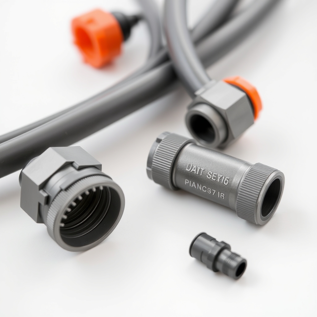 Close-up of drip irrigation emitter and 1/4 inch polyethylene tubing in garden soil, product photograph