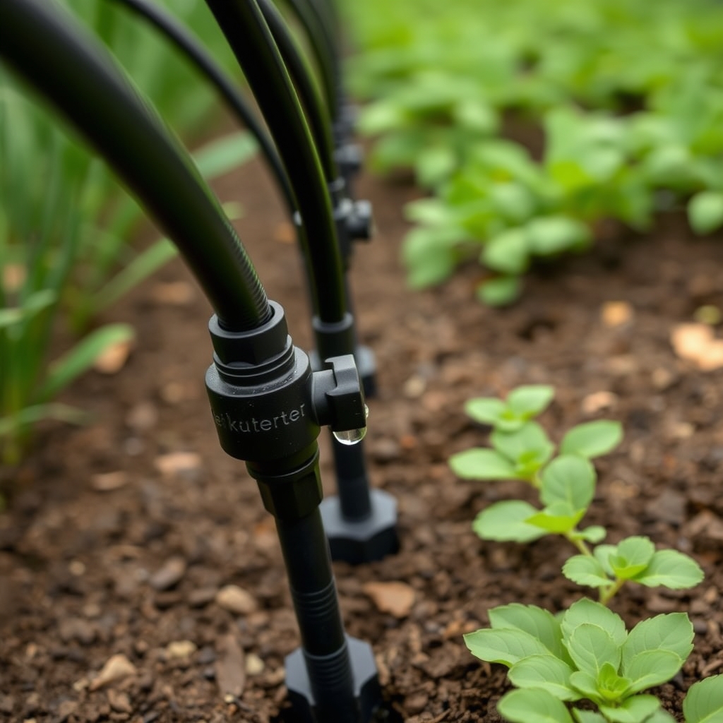 Drip irrigation emitters and black polyethylene tubing installed in a vegetable garden bed, close-up product photograph