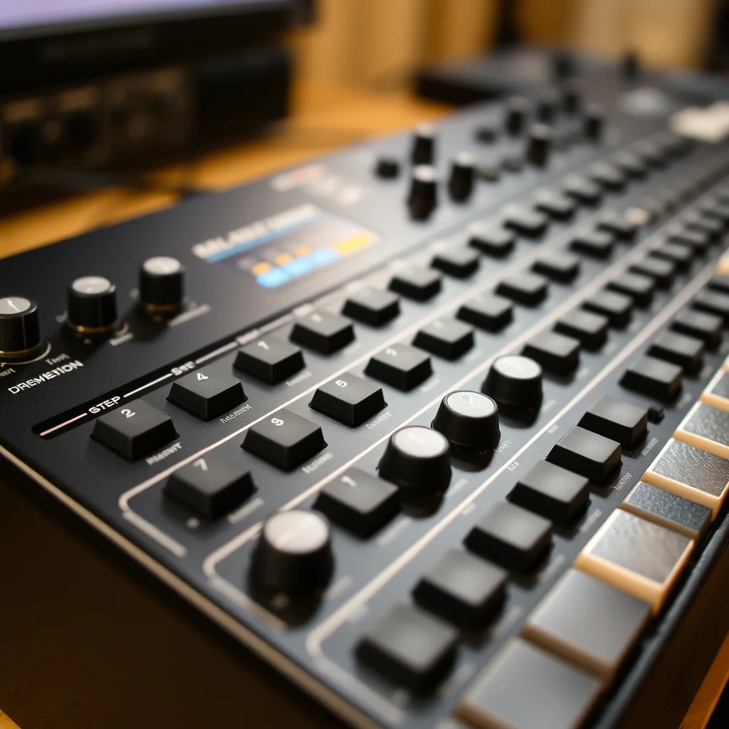 Vintage Roland TR-808 drum machine buttons and controls, close-up studio photograph