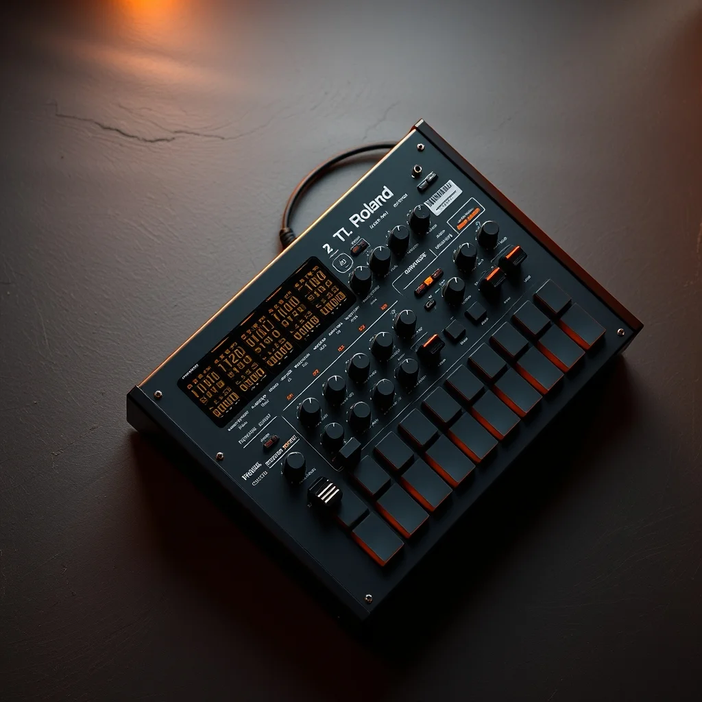 Vintage Roland TR-808 drum machine on studio desk, close-up product photograph