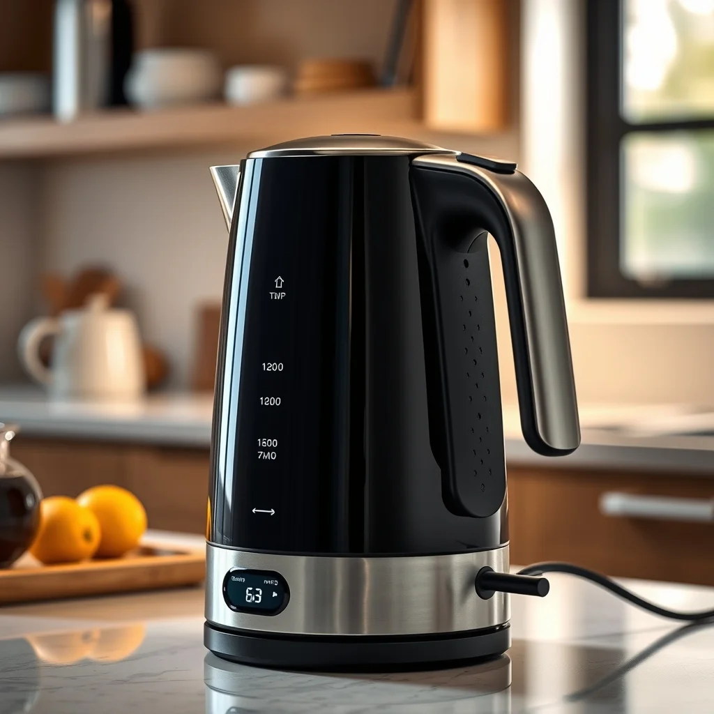 Gooseneck electric kettle with temperature display on kitchen counter