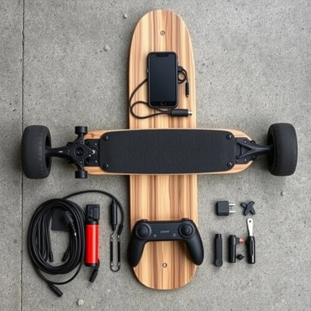 Electric skateboard with dual belt motors and remote control, components laid out on concrete, editorial product photograph