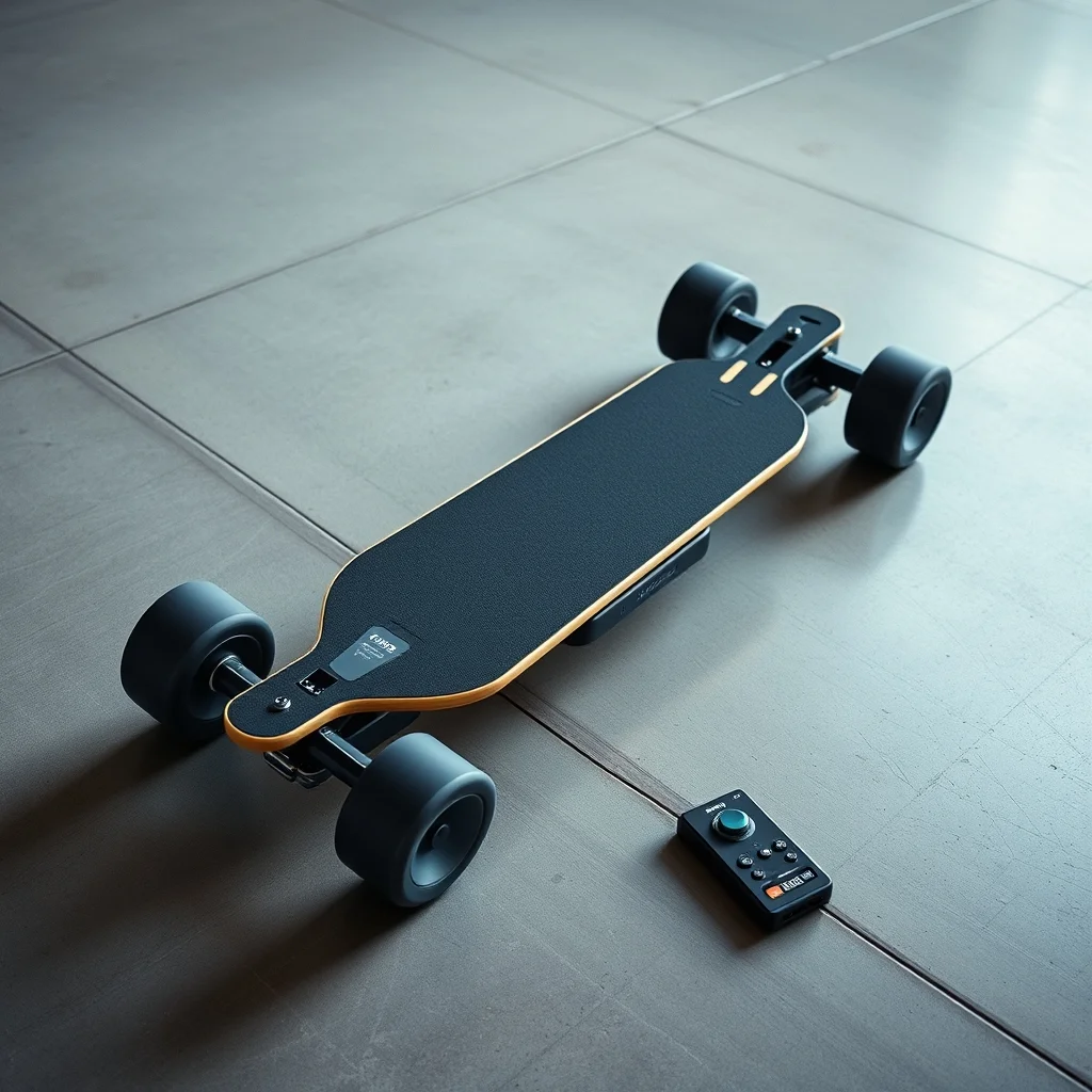 Electric longboard with belt drive motors and remote control on clean pavement, editorial product photograph