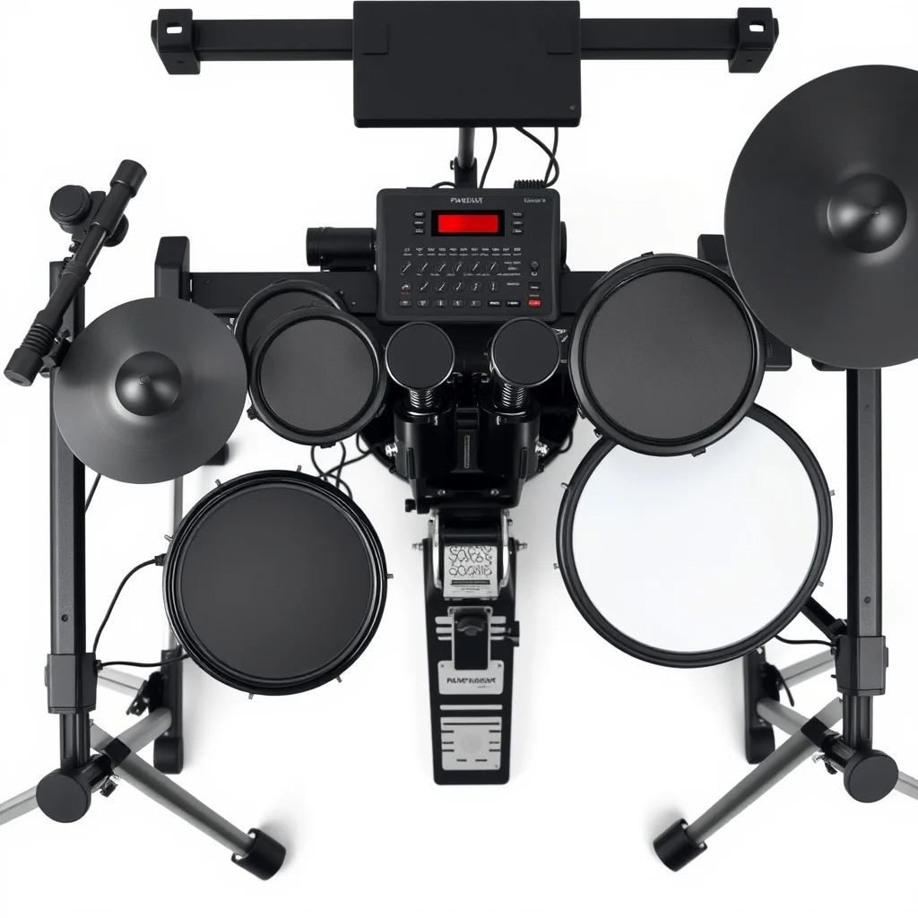 Electronic drum kit with mesh pads and module close-up product photograph
