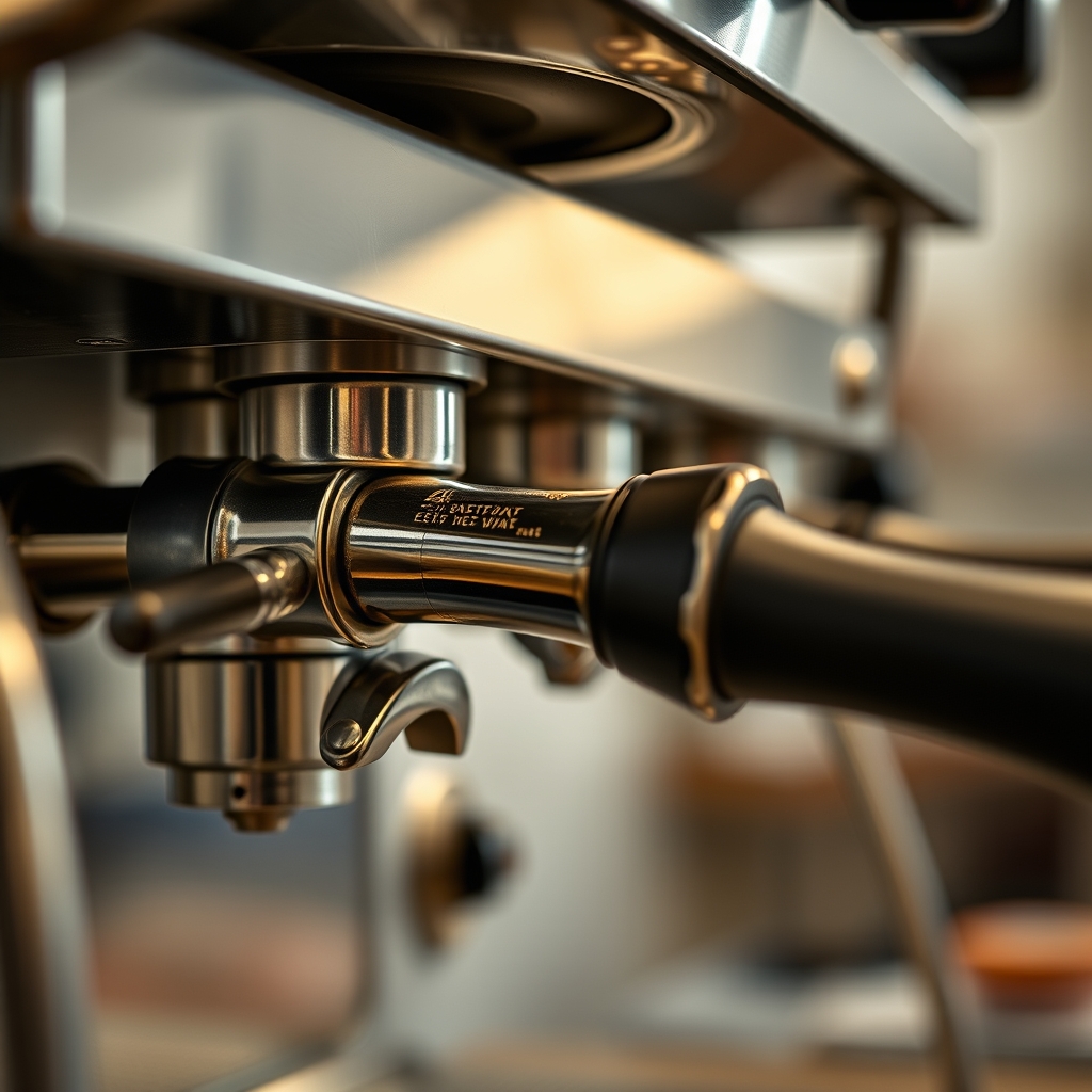 Espresso machine group head and portafilter close-up inspection, wet grounds and scale deposits visible