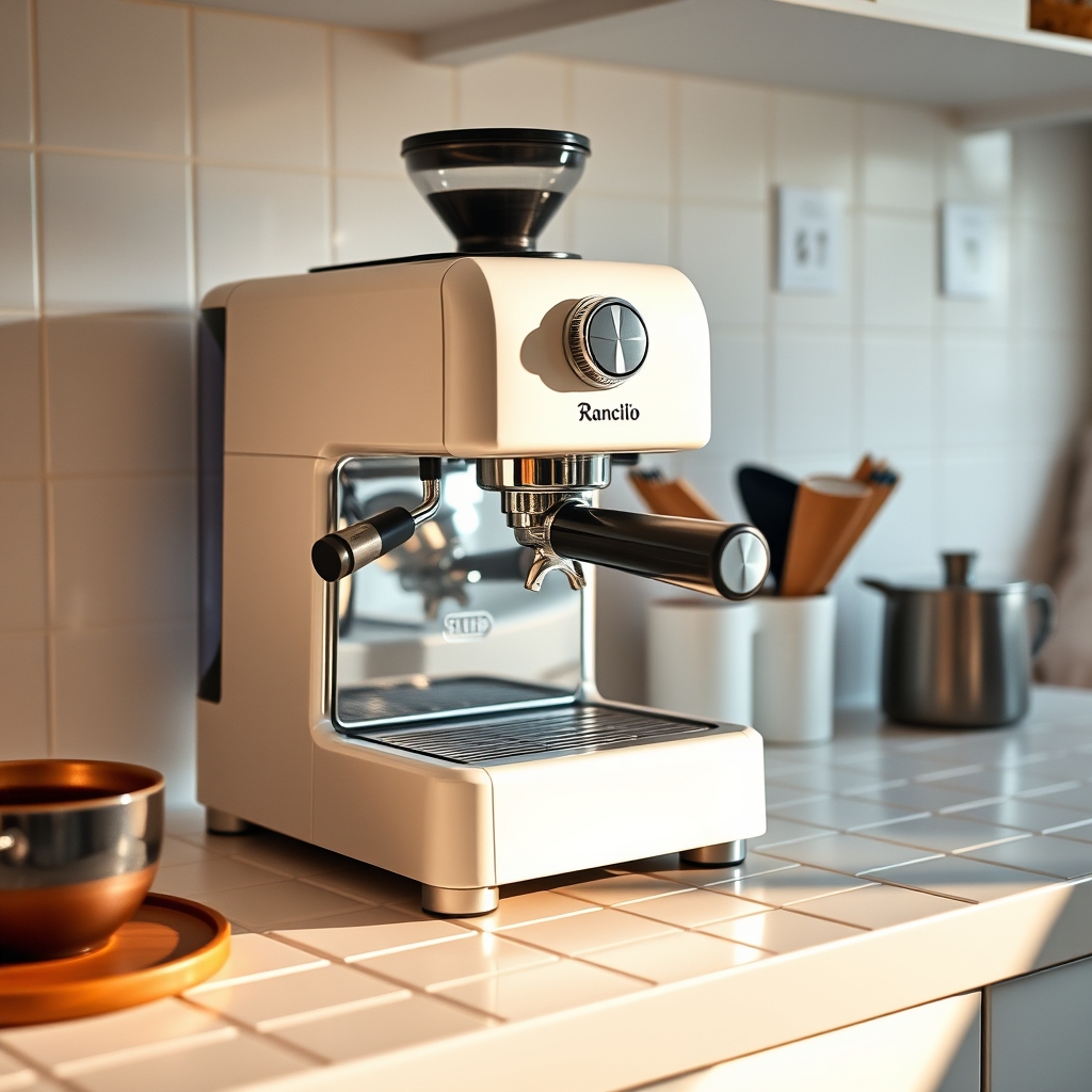 Rancilio Silvia espresso machine with portafilter on white tile counter, warm directional light