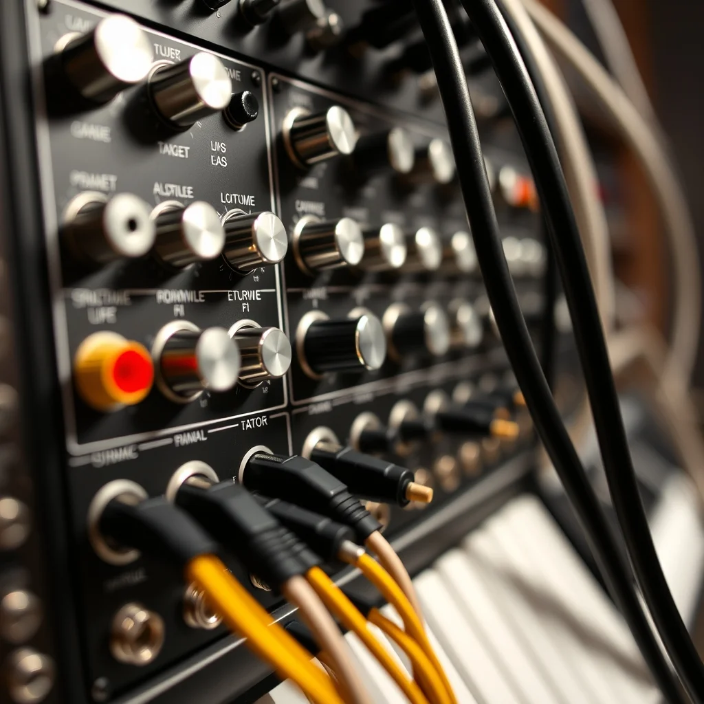 Eurorack modular synthesizer system in wooden case, patch cables and modules close-up photograph