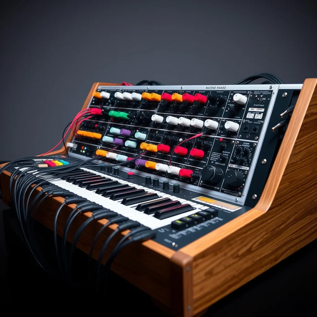 Eurorack modular synthesizer modules in case with patch cables, close-up product photograph
