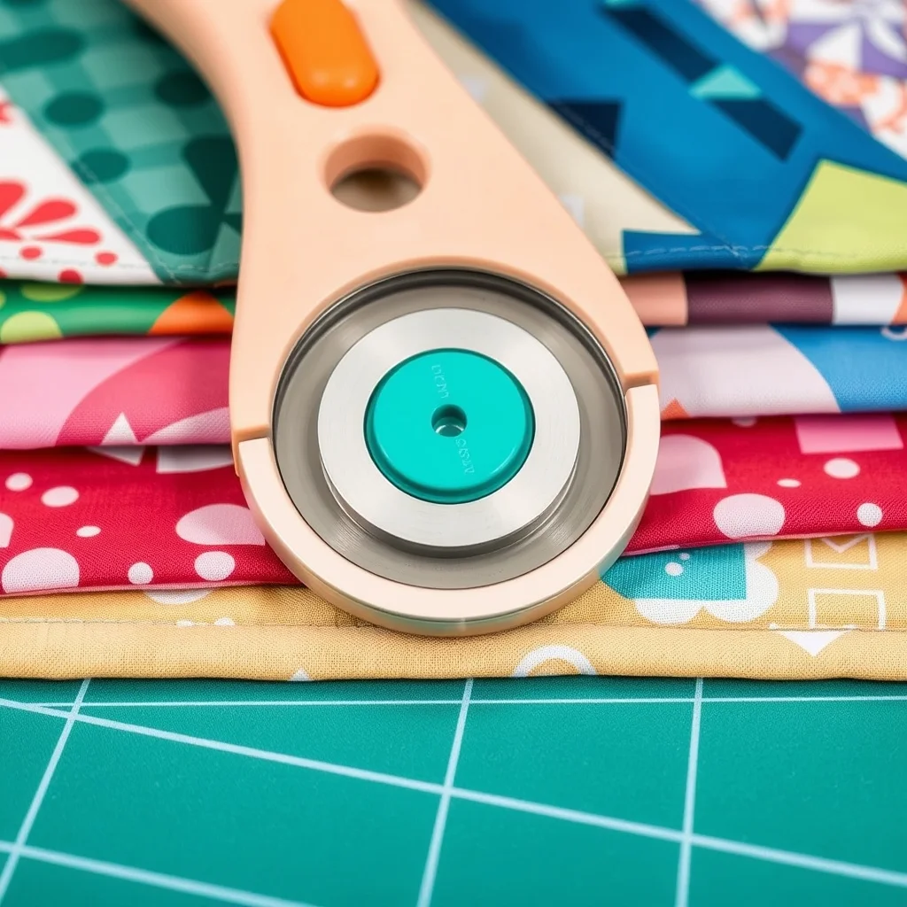 Rotary cutter with self-healing mat and fabric, close-up product photograph
