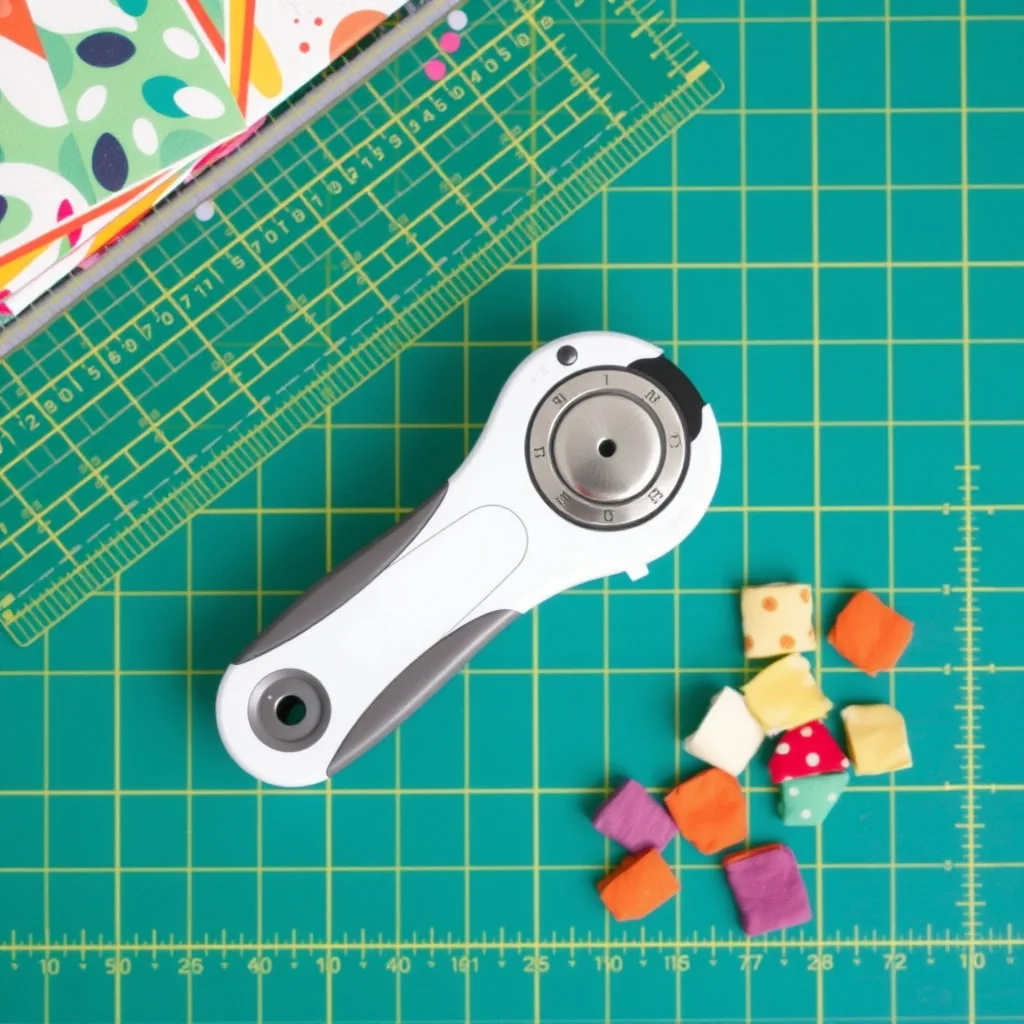Rotary cutter on self-healing mat with fabric and quilting ruler, close-up product photograph