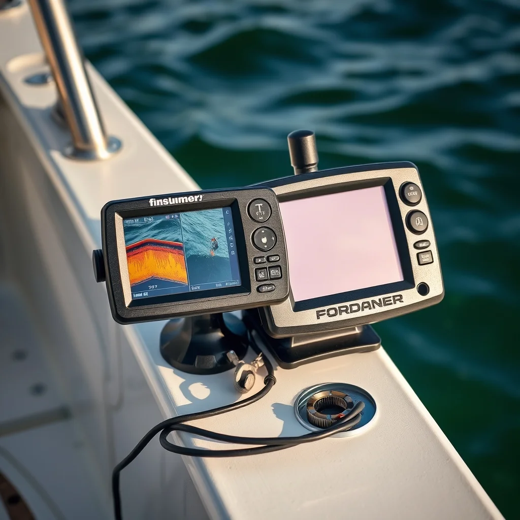 Fish finder head unit mounted on boat console showing underwater sonar display, product photography