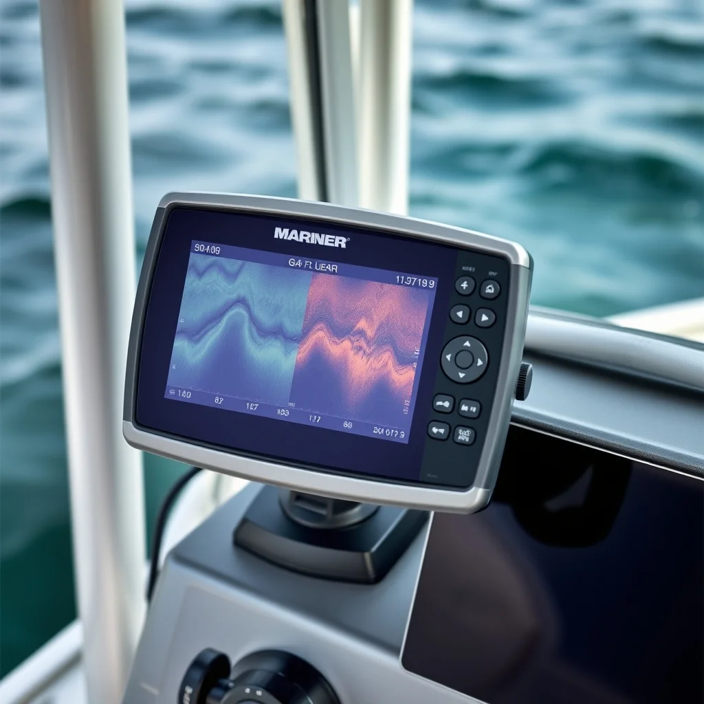 Fish finder mounted on boat console showing sonar screen with underwater structure, product photography