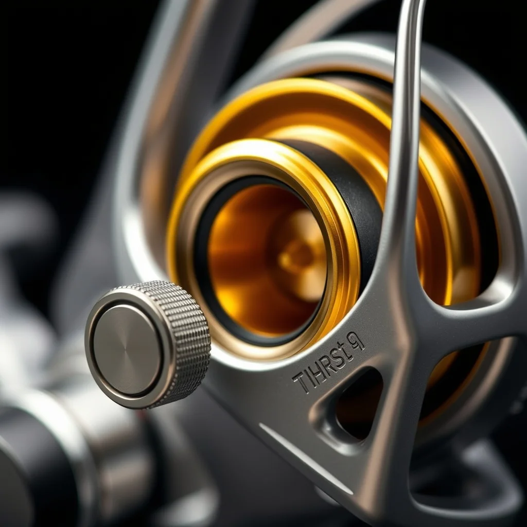 Baitcasting reel on rod handle showing gear assembly and drag knob, product photography